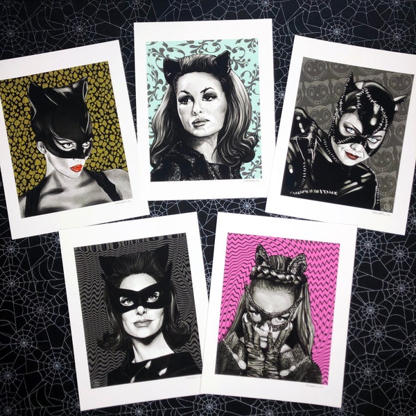 Five Catwomen - Eartha, Julie, Lee, Halle & Michelle as Catwoman Portrait Art Print Set