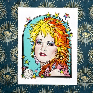 May include: A colorful illustration of a woman with bright orange and yellow hair, wearing a pink and orange outfit with a feather boa. The background is blue with stars and a pocket watch.