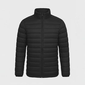 May include: A black puffer jacket with a high collar and a full-length zipper. The jacket has horizontal quilted stitching and long sleeves. The jacket is a solid black color.