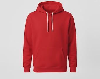 May include: A solid red hoodie with a drawstring hood and a kangaroo pocket. The sweatshirt has long sleeves and ribbed cuffs and hem. The drawstring is white.