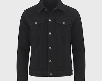 May include: A black denim jacket with a classic design. The jacket features a button-down front, two chest pockets, and two side pockets. The jacket has a collared neckline and long sleeves. The jacket is made of a durable denim material.