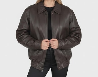 Women's Handmade 90's Vintage Oversized Brown Leather Jacket - Women Brown 90's Oversized Jacket