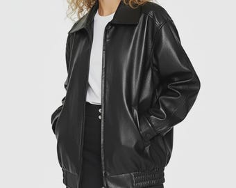 Women's Handmade Black Real Leather Vintage 90's Oversized Jacket - Women Oversize Jacket