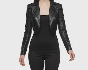 Giacca da motociclista in pelle Bolero corta fatta a mano da donna - Giacca da motociclista in vera pelle Bolero corta da donna