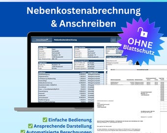 Moderne Excel-Vorlage zur Erstellung von Nebenkostenabrechnungen und automatisiertem Anschreiben mit intuitiver Bedienung OHNE BLATTSCHUTZ
