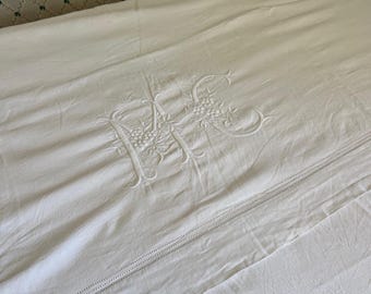 Antique French Fine Linen Double Bed Sheet – Hand Embroidered Monogram & Drawn Thread Detail