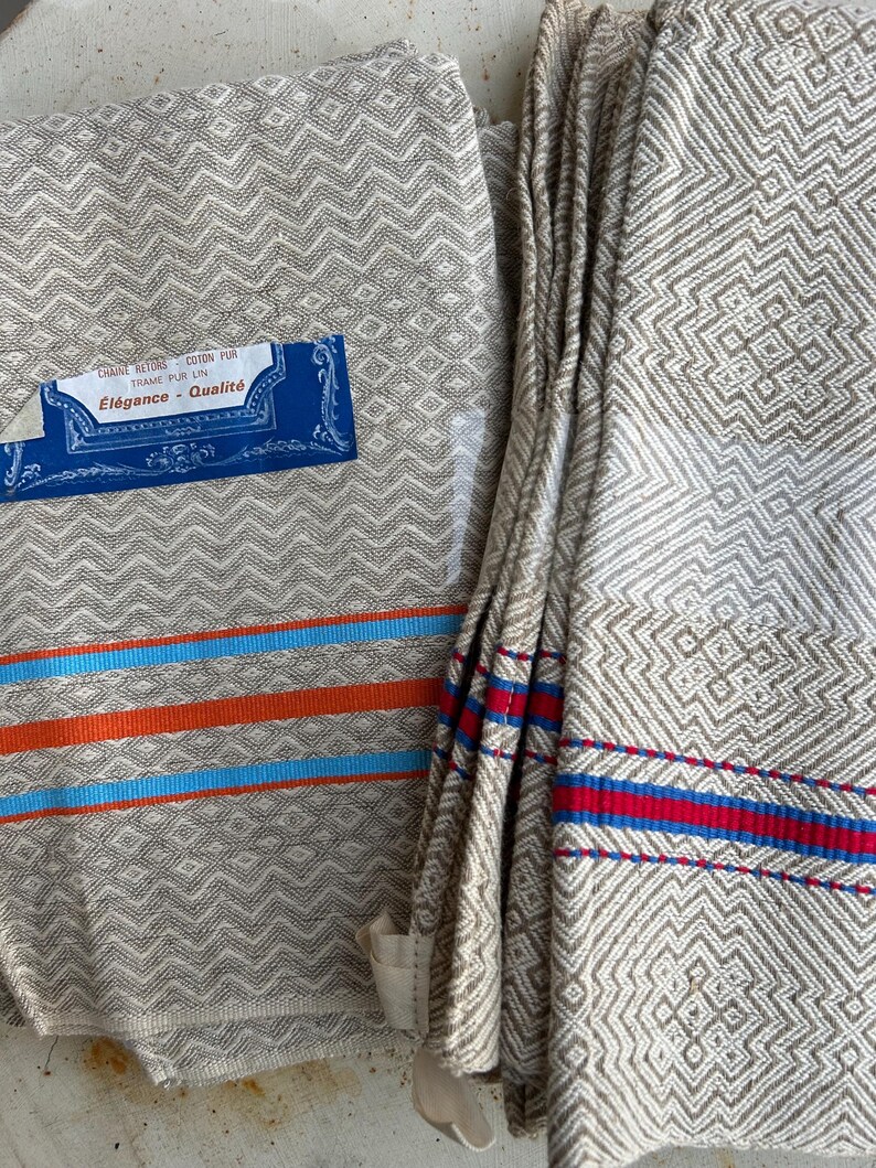 Vintage Basque Linen Tea Towel – Geometric Jacquard, Red & Blue Stripe ...