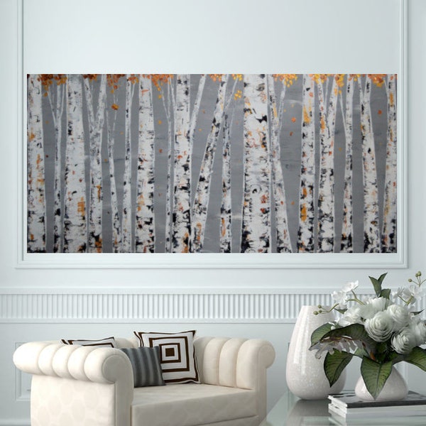 Original Art Painting Fall Autumn Winter Tree Home Decor Canvas Wall Art Modern Aspen Birch Landscape Forest Rustic Abstract Metallic Gold