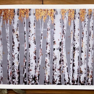 Fine Art Print of Original Aspen Birch Tree Landscape Painting Nuetral Grey Metallic Gold Modern Wall Artwork Home Decor