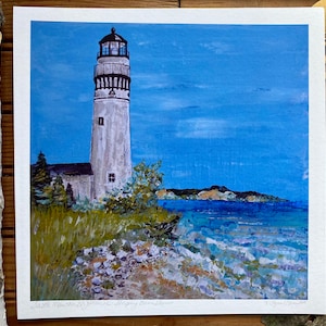 Print of South Manitou Lighthouse Sleeping Bear Dunes Michigan Original Painting Textured Artwork Michigan Made Spring Collection