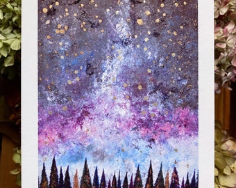 Night Sky Fine Art Print Colorful Starry Night Constellations Boho Dreamy Whimsical Original Art Metallic Home Decor Watercolor Painting