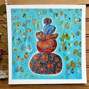 Print Original Michigan Painting Stacked Stones Petoskey Agate Copper Leland Blue Pudding Stone Colorful Rock Art Abstract Home Decor Gift