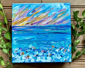 Original Abstract Beach Artwork Sunset Waves Teal Pastel Acrylic Textured Palette Knife Painting Illustration Home Decor Gift Wall Art