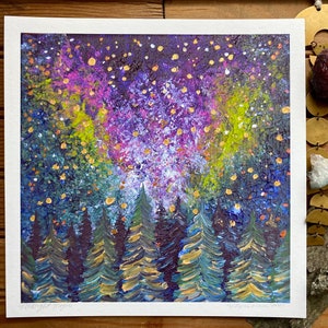 Original Acrylic Painting Print Art Aurora Borealis Northern Light Night Sky Pine Tree Forest Landscape Home Decor Metallic Colorful Artwork