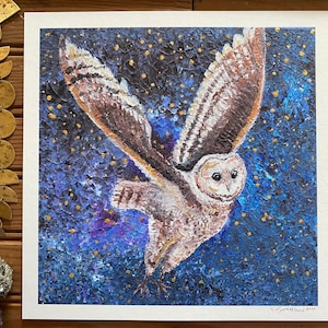 Print of Night Sky Painting Home Decor Constellation Gold Stars Wall Art Space Barn Owl Flying Woodland Baby Animals