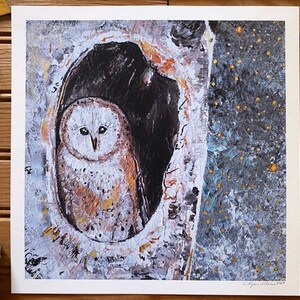 Baby Owl In Tree Barn Owl Limited Edition Print Night Sky Painting Home Decor Constellation Gold Stars Wall Art Woodland Baby Animals