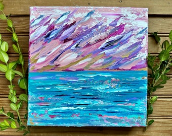 Original Abstract Beach Artwork Cotton Candy Sunset Pastel Acrylic Textured Palette Knife Painting Illustration Home Decor Gift Wall Art