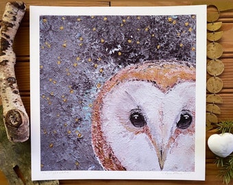 Night Sky Barn Owl Bird Art Print, Gold Embellished Stars Constellation, Animal Portrait