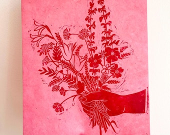 Original linocut print on Pink Nepalese lokta paper, A Bouquet of Wild Flowers