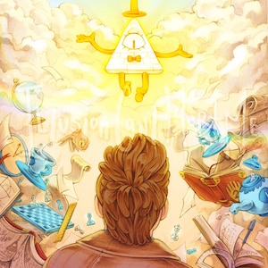 May include: Illustration of a yellow triangle character with a top hat, bow tie, arms, and legs, floating in a bright sky. A person with brown hair is looking up at the character. The background includes clouds, a rainbow, and various objects.