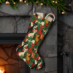 Cat-Themed Christmas Stocking, Festive Holiday Decor, Unique Gift for Cat Lovers, Vintage Style, Christmas Cat Stocking