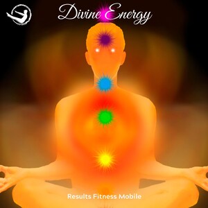May include: Digital illustration of a person in a seated yoga pose, with glowing energy centers highlighted in various colors. The image includes the text "Divine Energy" and "Results Fitness Mobile".