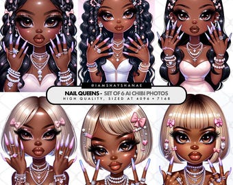 Chibi Nail Art Clipart Set – Black Girl Bratz-Inspired Doll Illustrations, High Res Digital Download | Instant Download