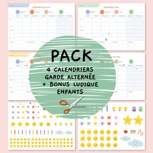 Peut inclure: Un pack de quatre calendriers avec un graphique circulaire vert indiquant "PACK 4 CALENDRIERS GARDE ALTERNÉE + BONUS LUDIQUE ENFANTS". Les calendriers sont étiquetés "Calendrier Maman", "Calendrier Papa", "Calendrier Parent" et "Calendrier Famille". Comprend des autocollants.