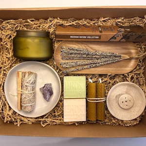 Sacred Light Ritual – Energy Cleansing & Manifestation Kit with Sage, Palo Santo, Amethyst, Beeswax Candles, Handcrafted soap and Incense