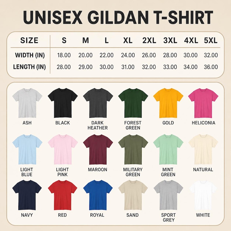 Peut inclure: Un tableau des tailles pour un t-shirt Gildan affichant les mesures de largeur et de longueur en pouces pour les tailles S &agrave; 5XL. Sous le tableau se trouvent dix-huit t-shirts &agrave; manches courtes dans diverses couleurs : ash, black, dark heather, forest green, gold, heliconia, light blue, light pink, maroon, military green, mint green, natural, navy, red, royal, sand, sport grey et white.