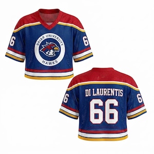 May include: A blue mesh jersey with red and yellow accents. The front displays a Briar University Hawks logo. The number 6 is on each sleeve. The back has the name "DI LAURENTIS" and the number 66.