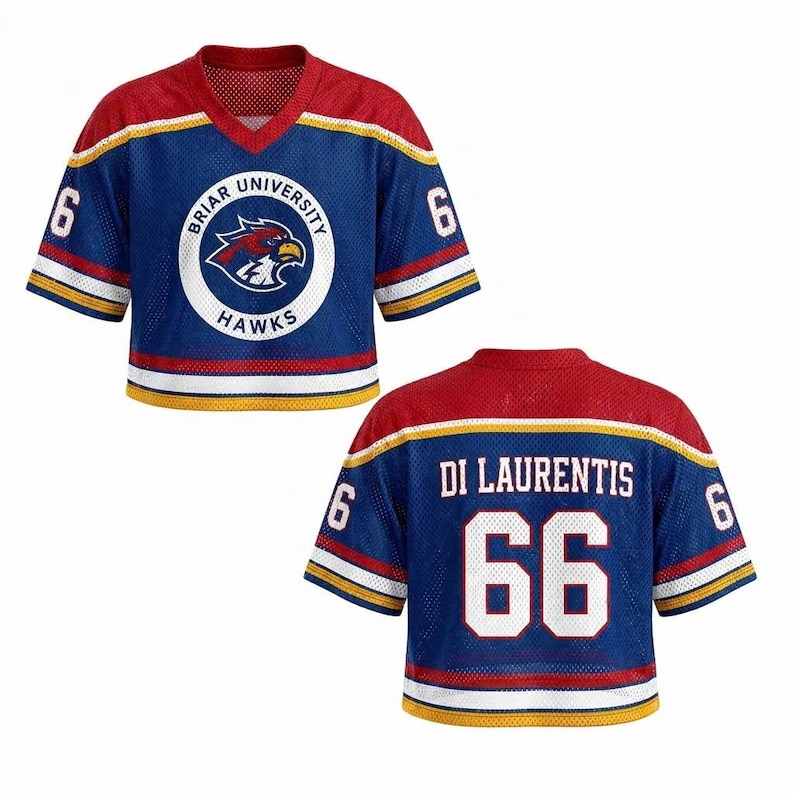 May include: A blue mesh jersey with red and yellow accents. The front displays a Briar University Hawks logo. The number 6 is on each sleeve. The back has the name "DI LAURENTIS" and the number 66.