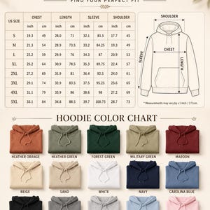 May include: A hoodie size chart with a table listing measurements in inches and centimeters for sizes S through 5XL, alongside a line drawing of a hoodie. Below is a color chart displaying fifteen folded hoodies in various solid colors.