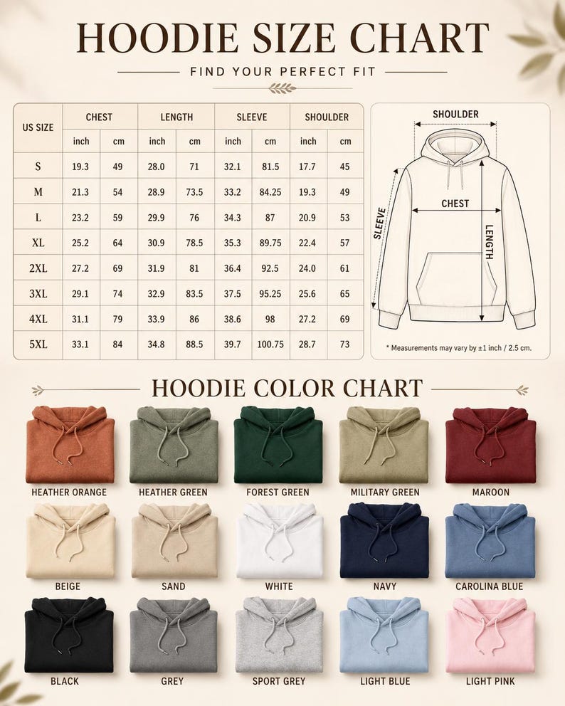 May include: A hoodie size chart with a table listing measurements in inches and centimeters for sizes S through 5XL, alongside a line drawing of a hoodie. Below is a color chart displaying fifteen folded hoodies in various solid colors.