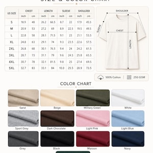 May include: A T-shirt size and color chart featuring a table with measurements in inches and centimeters for sizes S through 5XL. It includes a diagram of a plain T-shirt, fabric specifications of 100% cotton and 250 GSM, and thirteen color swatches.