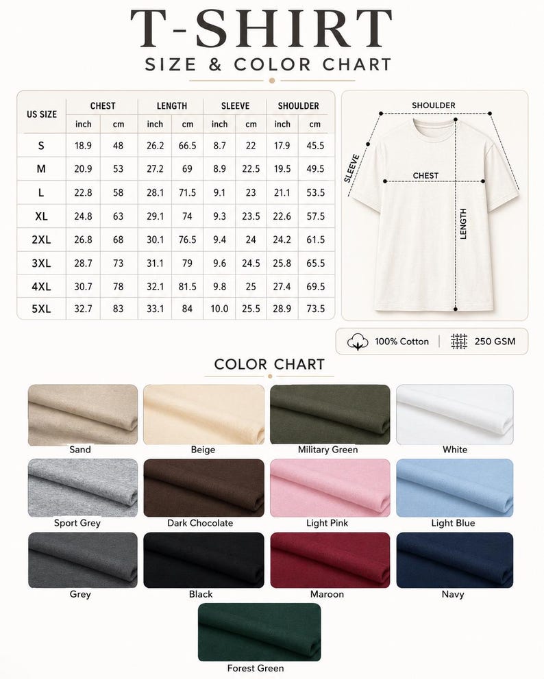 May include: A T-shirt size and color chart featuring a table with measurements in inches and centimeters for sizes S through 5XL. It includes a diagram of a plain T-shirt, fabric specifications of 100% cotton and 250 GSM, and thirteen color swatches.