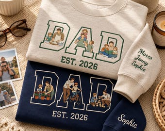Custom Embroidered Dad with Photo Sweatshirt, Custom Father's Day Gift, Dad Gift Idea Shirt, Embroidered Faceless Portrait Shirt