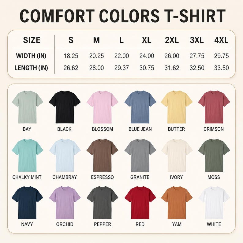 Peut inclure: Un tableau des tailles de t-shirt Comfort Colors indiquant la largeur et la longueur en pouces pour les tailles S &agrave; 4XL, suivi d'une grille de dix-huit t-shirts &agrave; manches courtes dans diverses couleurs comme bay, black, blossom, blue jean et autres.