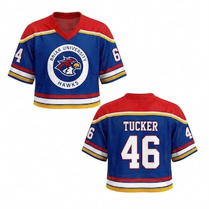 May include: Blue mesh jersey with red and yellow accents. The front displays "Briar University Hawks" in a white circle with a hawk logo. The back has "Tucker" and the number "46". Numbers "4" and "6" are on the sleeves.