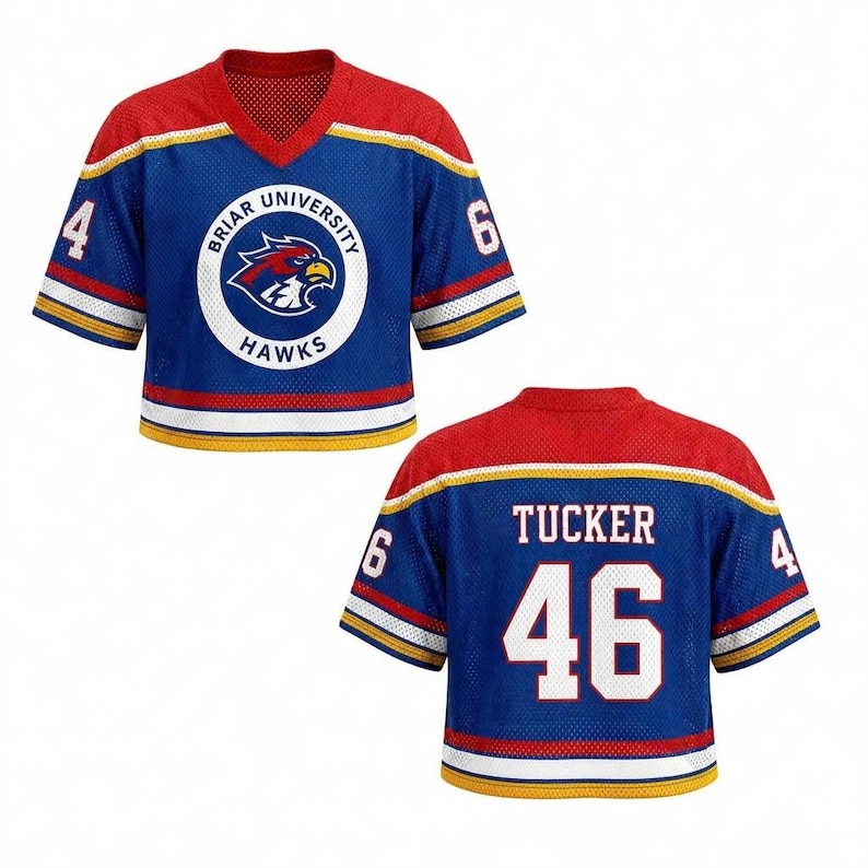 May include: Blue mesh jersey with red and yellow accents. The front displays "Briar University Hawks" in a white circle with a hawk logo. The back has "Tucker" and the number "46". Numbers "4" and "6" are on the sleeves.