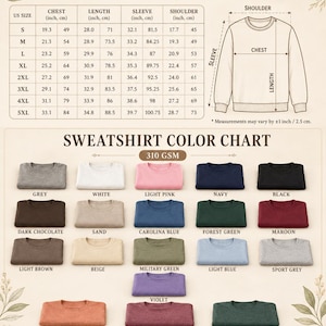 May include: A sweatshirt size chart with a diagram showing chest, length, sleeve, and shoulder measurements in inches and centimeters, followed by a color chart displaying twenty-two folded sweatshirts in various solid and heathered colors.