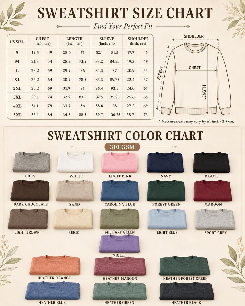 May include: A sweatshirt size chart with a diagram showing chest, length, sleeve, and shoulder measurements in inches and centimeters, followed by a color chart displaying twenty-two folded sweatshirts in various solid and heathered colors.