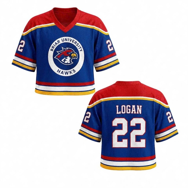 May include: Blue, red, and white mesh jersey with the number 2 on the sleeves and a V-neck. The front displays a Briar University Hawks logo. The back of the jersey has the name "LOGAN" and the number 22.