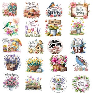 May include: A collection of watercolor illustrations with a spring theme. Each image features floral arrangements, birds, butterflies, and the text "Hello Spring" or "Welcome Spring". The designs include baskets, hats, and signs.