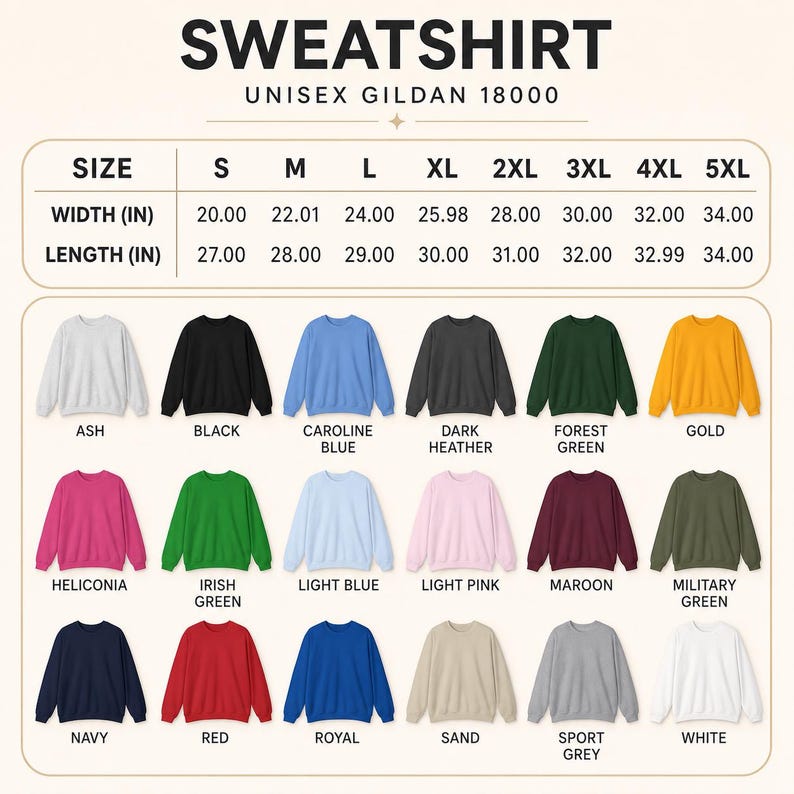 Peut inclure: Un nuancier de sweat-shirt unisexe Gildan 18000 pr&eacute;sentant dix-huit couleurs disponibles, dont le gris, le noir, le bleu, le vert, l'or, le rose, le bordeaux, le rouge, le sable et le blanc, avec un tableau des tailles en pouces.