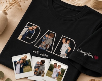 Camiseta personalizada para o Dia dos Pais com foto bordada dentro das letras, presente personalizado para o Dia dos Pais, camiseta com retrato sem rosto bordado, camiseta com o ano de nascimento do pai.