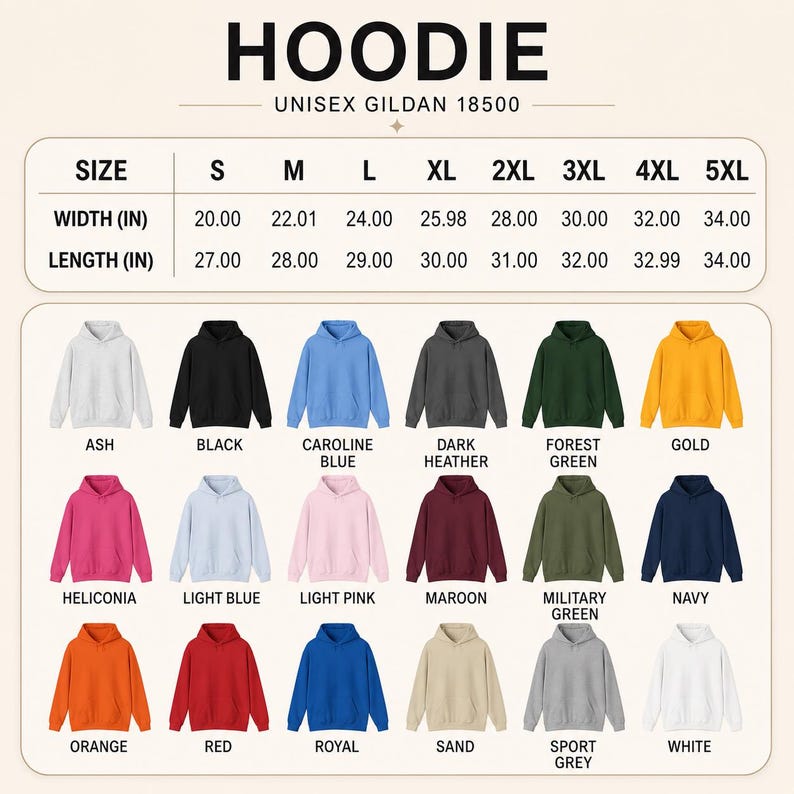 Peut inclure: Un tableau des tailles de sweat &agrave; capuche unisexe Gildan 18500 affichant les mesures de largeur et de longueur en pouces pour les tailles S &agrave; 5XL. Le tableau comprend dix-huit &eacute;chantillons de couleurs avec les &eacute;tiquettes : Ash, Black, Caroline Blue, Dark Heather, Forest Green, Gold, Heliconia, Light Blue, Light Pink, Maroon, Military Green, Navy, Orange, Red, Royal, Sand, Sport Grey et White.
