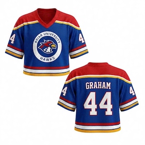 May include: Blue mesh jersey with red and yellow accents. The front displays a Briar University Hawks logo. The back of the jersey has the name "GRAHAM" and the number "44". The sleeves have the number "4".