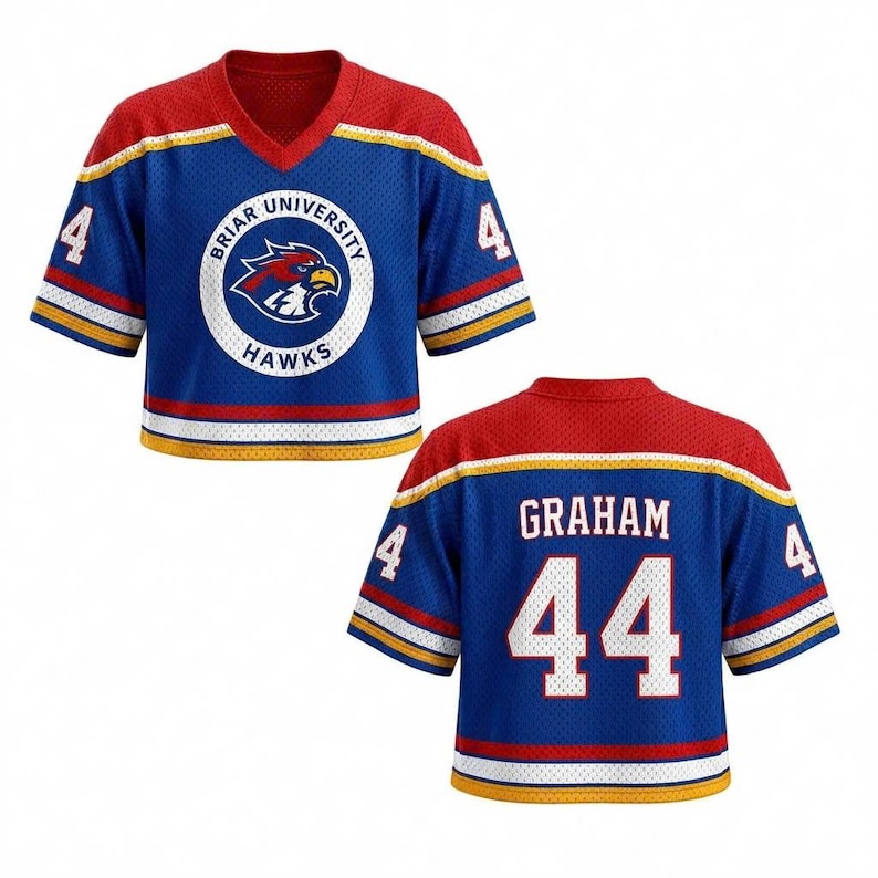 May include: Blue mesh jersey with red and yellow accents. The front displays a Briar University Hawks logo. The back of the jersey has the name "GRAHAM" and the number "44". The sleeves have the number "4".