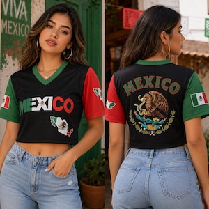 Mexico Crop Top Mesh Jersey For Women, Eagle Mexico Button Down jersey Shirts, Mexican Flag Jersey Sports Shirts
